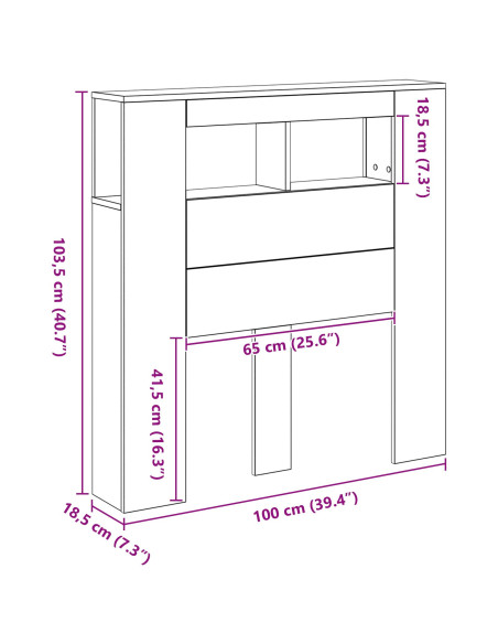 Testiera LED con lo scaffale Rovere Nero 100 x 18,5 x 103,5 cm