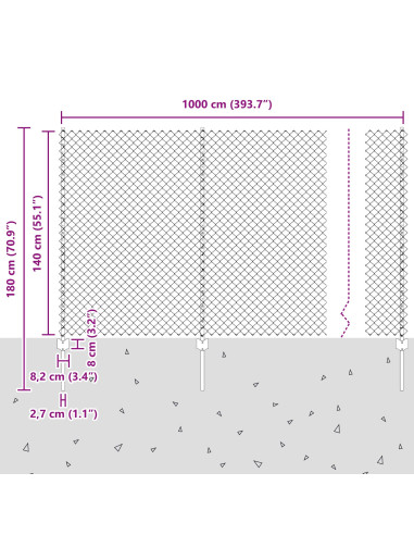 Recinzione con Posto Grigio 1,4 x 10 m Acciaio e PVC