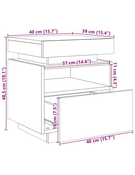 Comodino  con luci LED Rovere Nero 40x39x48,5 cm