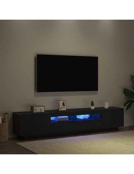 Mobile TV  con luci LED, nero Rovere, 200x35x40 cm, in legno ingegnerizzato