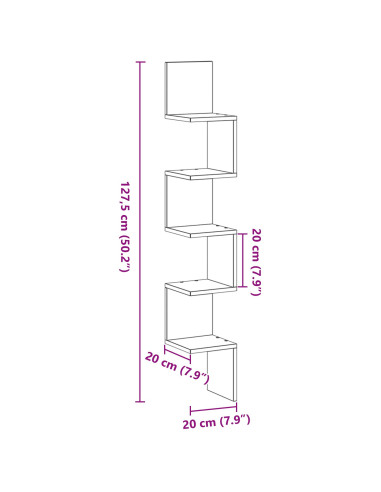 Mensola angolare con lo scaffale Rovere Nero 20 x 20 x 127,5 cm