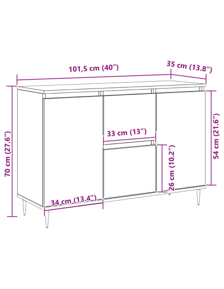 Sideboard  con porte e cassetti Nero Rovere 101,5x35x70 cm
