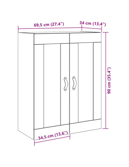 Mobile a muro  con porte in vetro rovere artigianale 69,5x34x90 cm