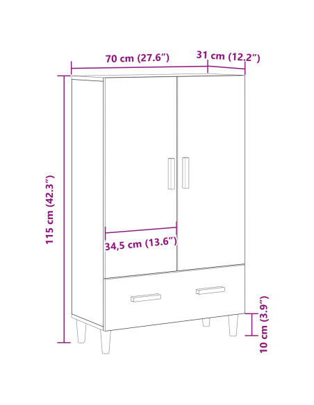 Highboard in Rovere Nero, 70x31x115 cm, Realizzato in Legno Ingegnerizzato