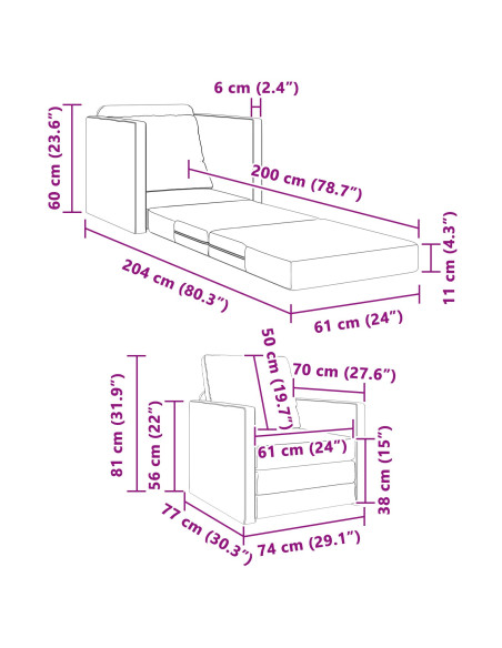 Divano Letto 2-in-1 Nera 74x77x81 cm Pelle Sintetica
