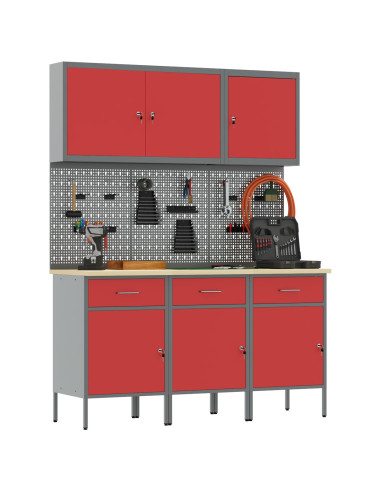 Mobile da lavoro 8 pcs Rosso Legno ingegnerizzato e acciaio