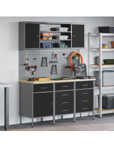 Mobile da lavoro 7 pcs Nero Legno ingegnerizzato e acciaio