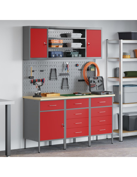 Mobile da lavoro 7 pcs Rosso Legno ingegnerizzato e acciaio