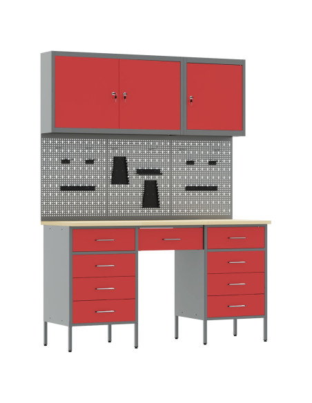 Set di armadi e pannello attrezzi da 8 pezzi  rosso in MDF e metallo