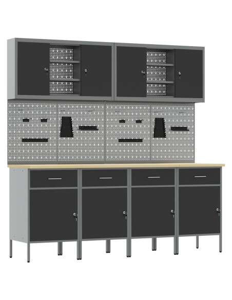 Set di Mobile da Lavoro e Pannello per Perforazione da 10 Pezzi in MDF e Metallo Nero