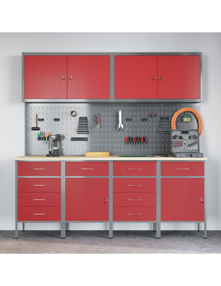 Set da 10 pezzi di armadietto per il lavoro e pannello forato  Rosso in MDF e Metallo