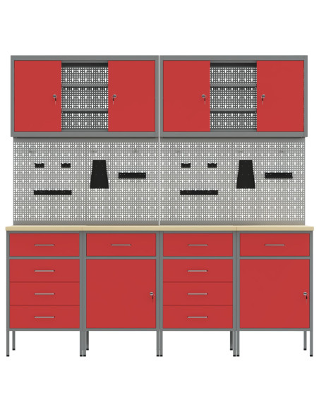 Set di mobili e pannello attrezzi di 10 pezzi rosso in MDF e metallo