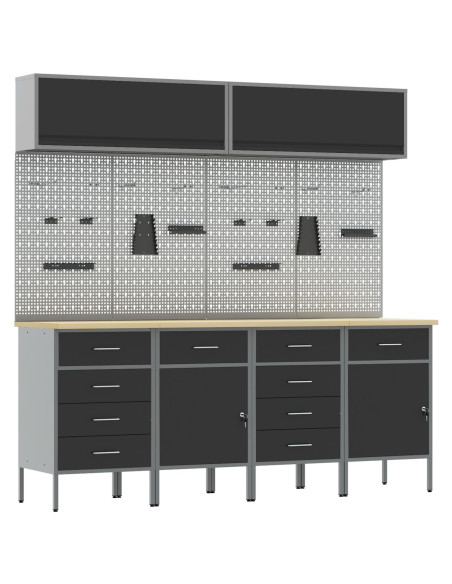 Set di Armadietto da Lavoro e Pannello Forato da 10 Pezzi  in MDF e Metallo Nero