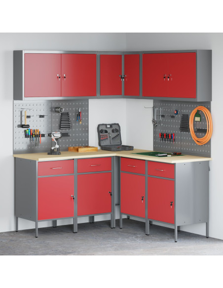 Set di armadietti e pannello forato da lavoro  12 pezzi Rosso MDF e Metallo