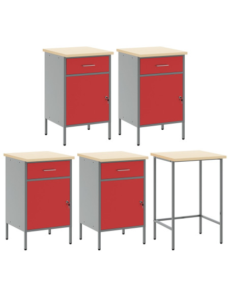 Set di armadietti da lavoro e pannelli forati da 12 pezzi  Rosso in MDF e Metallo