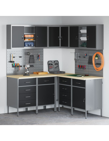 Set da 12 Pezzi per Armadio da Lavoro e Pannello Perforato Nero in MDF e Metallo