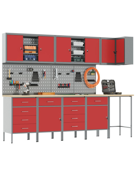 Set di Armadietti da Lavoro e Pannello Forato da 12 Pezzi Rosso in MDF e Metallo