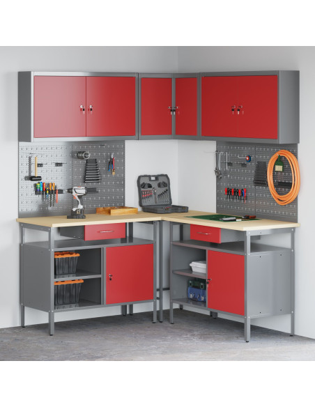 Set di Tavolo per Stoccaggio Attrezzi da 10 Pezzi Rosso in Legno Ingegnerizzato e Metallo