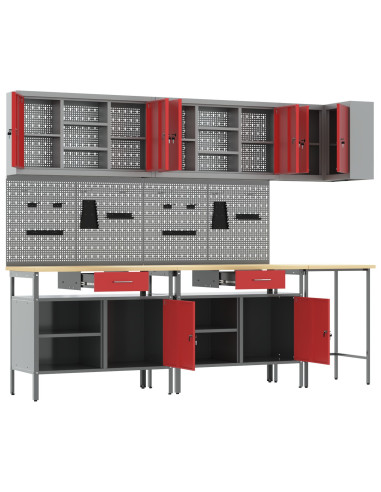 Set di mobili da lavoro con cassetto 10 pcs Rosso e Grigio