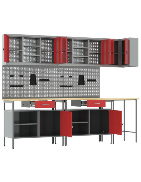 Set di mobili da lavoro con cassetto 10 pcs Rosso e Grigio