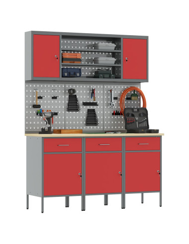 Mobile da lavoro 7 pcs Rosso Legno ingegnerizzato e acciaio