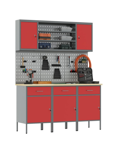 Mobile da lavoro 7 pcs Rosso Legno ingegnerizzato e acciaio