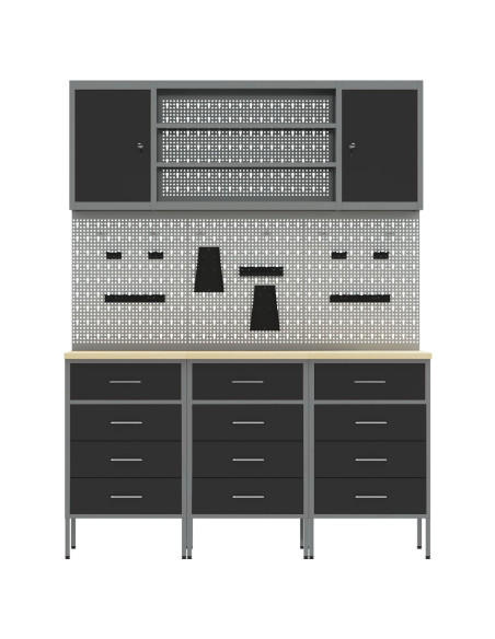 Mobile da lavoro 7 pcs Nero Legno ingegnerizzato e acciaio