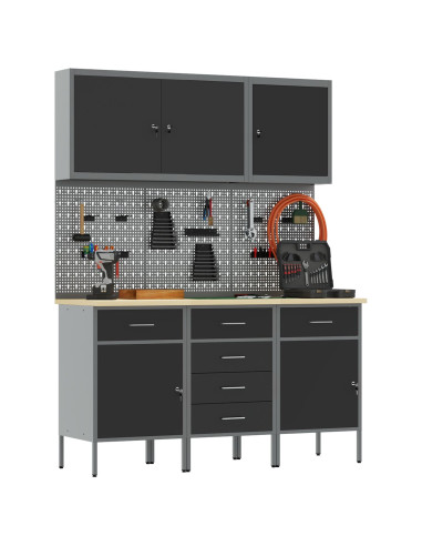 Mobile da lavoro 8 pcs Nero Legno ingegnerizzato e acciaio