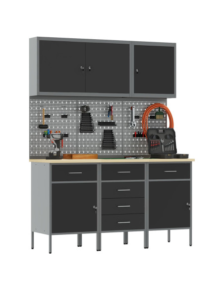 Set di armadi da lavoro e pannelli pegboard neri in MDF e metallo da 8 pezzi