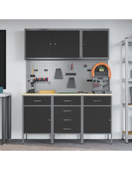 Set di armadi da lavoro e pannelli pegboard neri in MDF e metallo da 8 pezzi