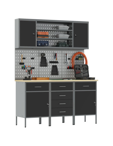 Mobile da lavoro 7 pcs Nero Legno ingegnerizzato e acciaio