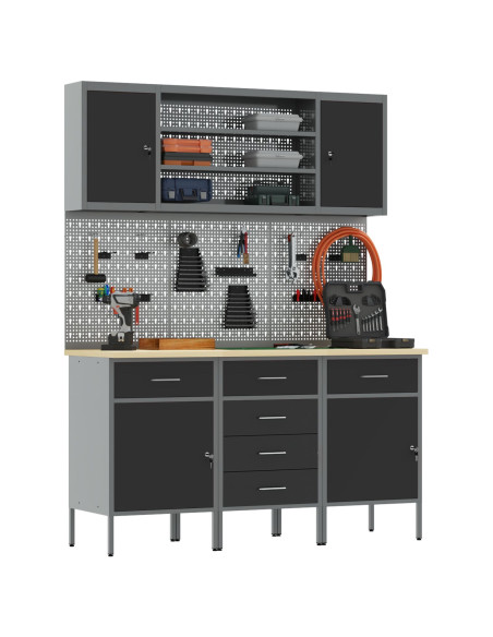 Mobile da lavoro 7 pcs Nero Legno ingegnerizzato e acciaio