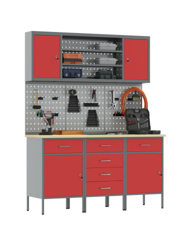 Mobile da lavoro 7 pcs Rosso Legno ingegnerizzato e acciaio