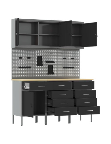 Mobile da lavoro 8 pcs Nero Legno ingegnerizzato e acciaio