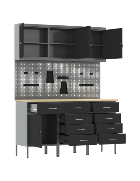 Mobile da lavoro 8 pcs Nero Legno ingegnerizzato e acciaio