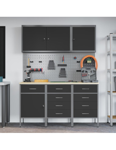 Mobile da lavoro 8 pcs Nero Legno ingegnerizzato e acciaio