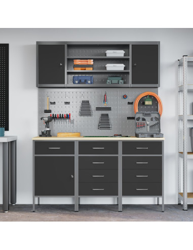 Mobile da lavoro 7 pcs Nero Legno ingegnerizzato e acciaio