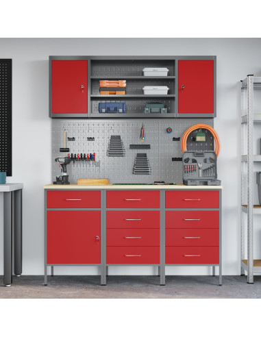 Mobile da lavoro 7 pcs Rosso Legno ingegnerizzato e acciaio