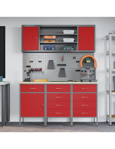 Mobile da lavoro 7 pcs Rosso Legno ingegnerizzato e acciaio