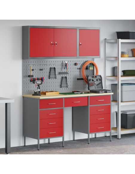 Set di armadi e pannello attrezzi da 8 pezzi  rosso in MDF e metallo