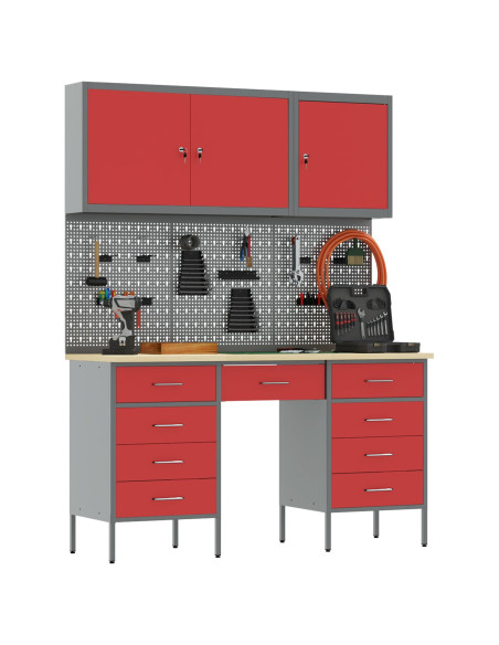 Set di armadi e pannello attrezzi da 8 pezzi  rosso in MDF e metallo
