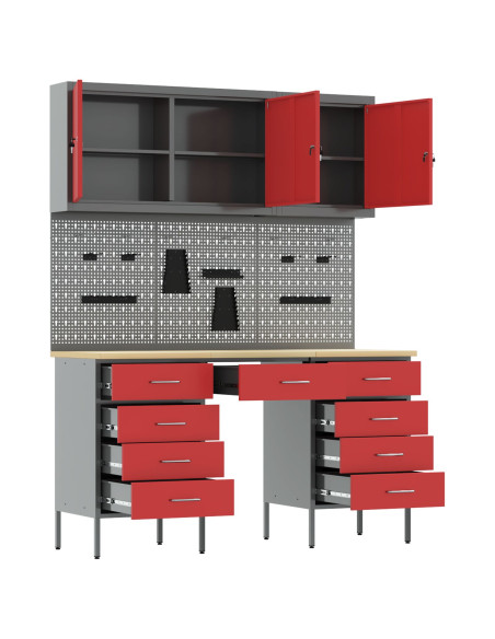 Set di armadi e pannello attrezzi da 8 pezzi  rosso in MDF e metallo