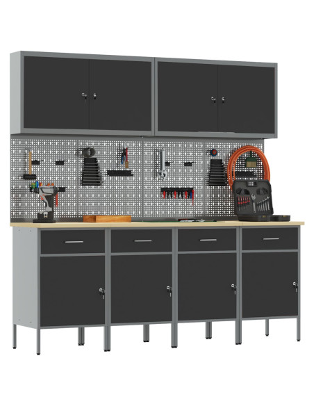 Set da 10 Pezzi di Armadietto da Lavoro e Pannello Perforato Nero in MDF e Metallo