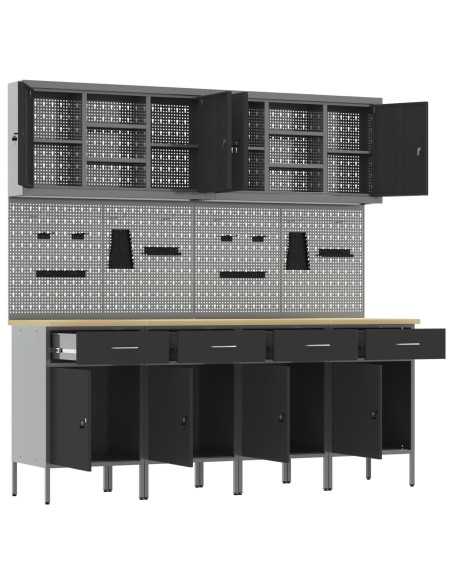 Set di Mobile da Lavoro e Pannello per Perforazione da 10 Pezzi in MDF e Metallo Nero