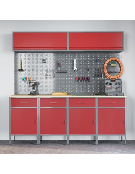 Set di Lavoro da 10 Pezzi con Armadio e Pannello Forato Rosso in MDF e Metallo di