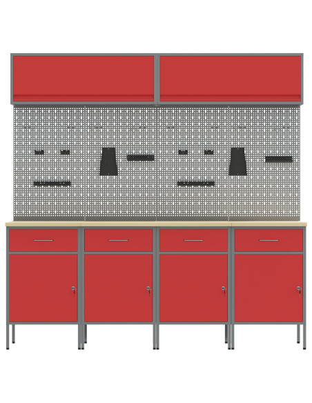 Set di Lavoro da 10 Pezzi con Armadio e Pannello Forato Rosso in MDF e Metallo di
