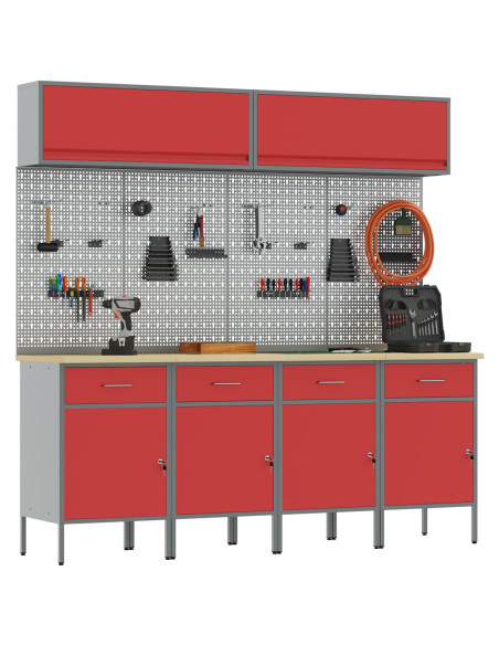 Set di Lavoro da 10 Pezzi con Armadio e Pannello Forato Rosso in MDF e Metallo di