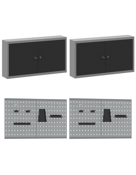 Set di 10 pezzi di armadietti e pannelli pegboard  in MDF e Metallo Nero