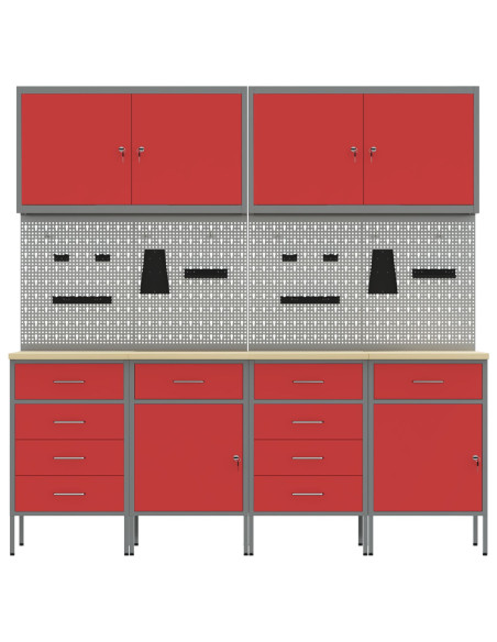 Set da 10 pezzi di armadietto per il lavoro e pannello forato  Rosso in MDF e Metallo