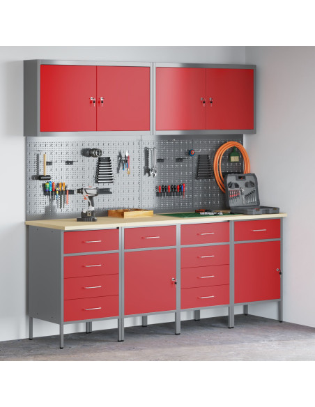 Set da 10 pezzi di armadietto per il lavoro e pannello forato  Rosso in MDF e Metallo